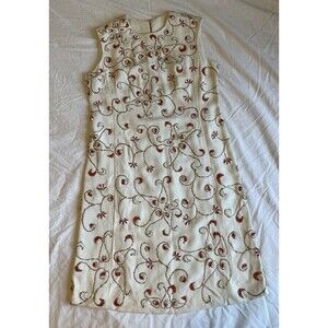 60s 70s vintage bead & rhinestone cream mod pattern shift dress women's large